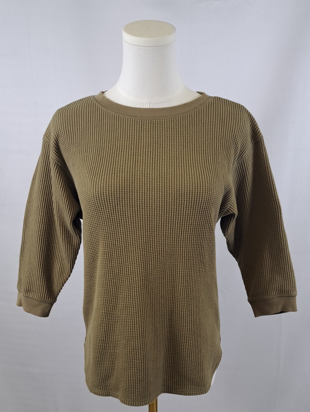 Uniqlo Khaki Green Waffle Crew Neck 3/4 Sleeve T-Shirt Loungewear Streetwear XS